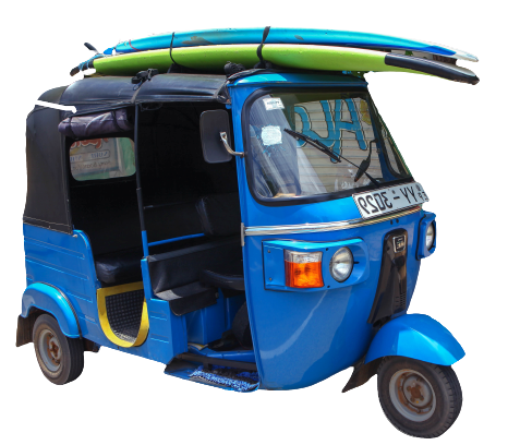 transport gratuit école de surf française au sri lanka tuk tuk